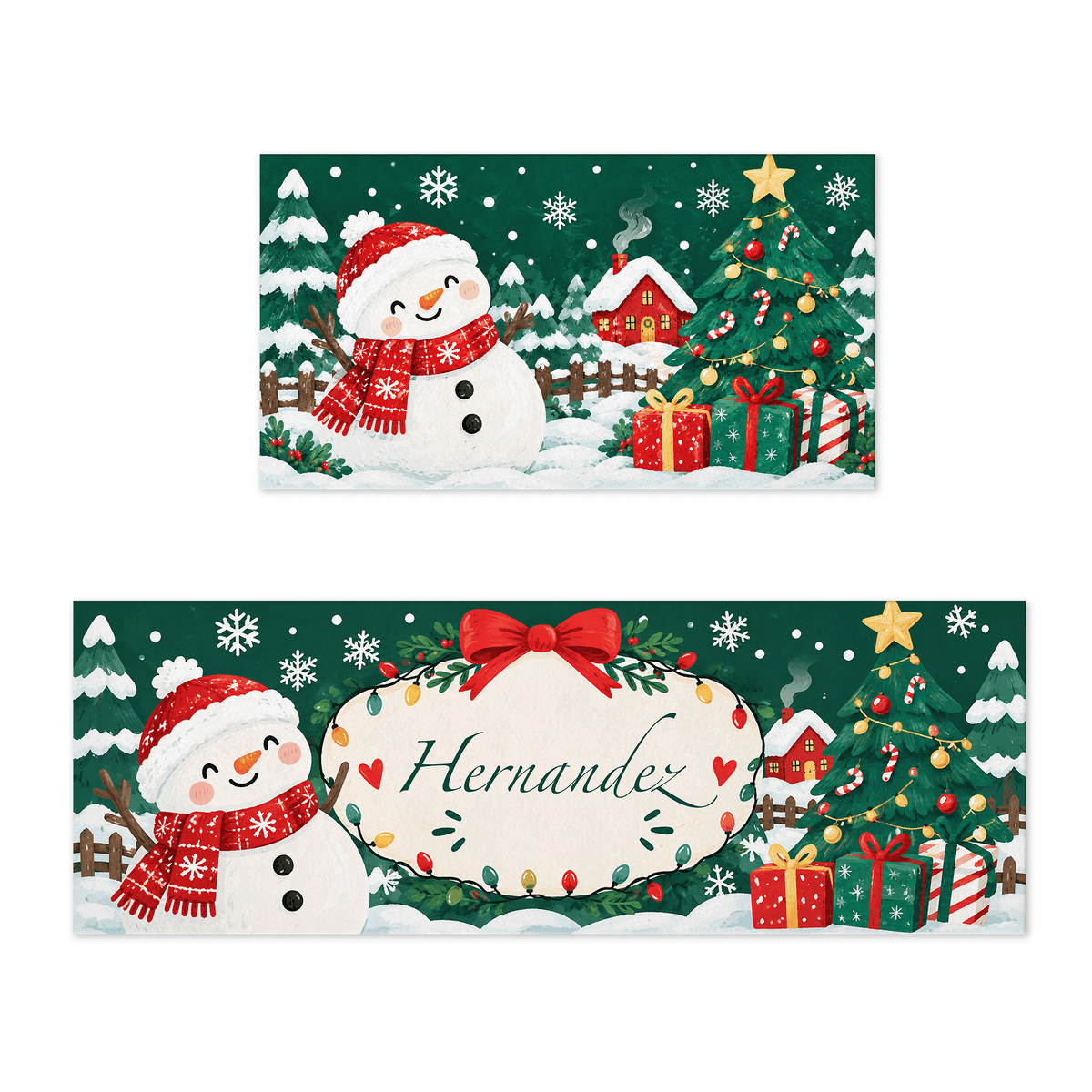 Personalized Snowman Ribbon Wreath Christmas kitchen mat set with custom family name