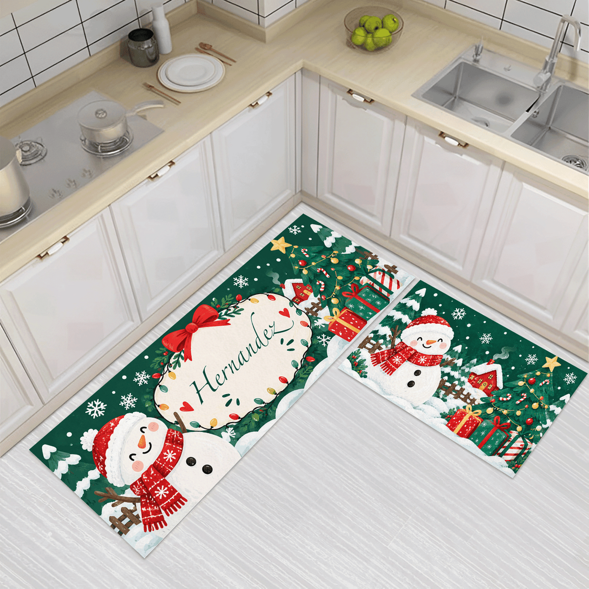 Personalized Snowman Ribbon Wreath Christmas kitchen mat set, view 3