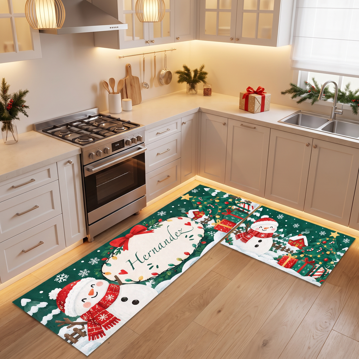 Personalized Snowman Ribbon Wreath Christmas kitchen mat set, view 4