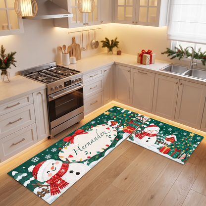Personalized Snowman Ribbon Wreath Christmas kitchen mat set, view 4
