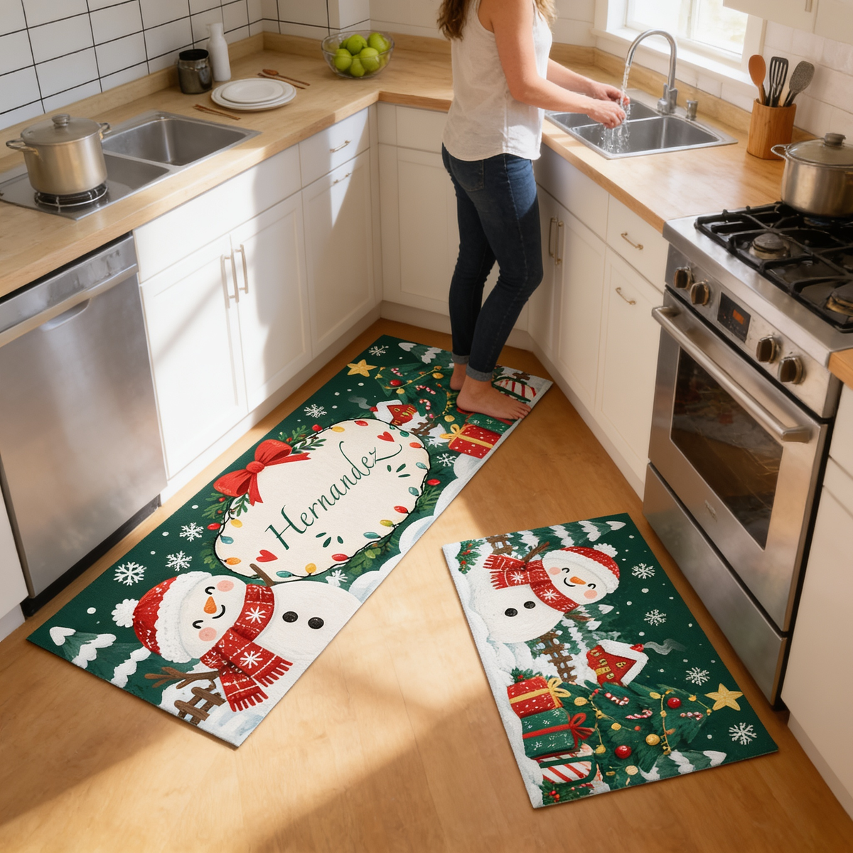Personalized Snowman Ribbon Wreath Christmas kitchen mat set, view 5