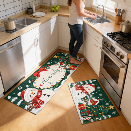 Personalized Snowman Ribbon Wreath Christmas kitchen mat set, view 5
