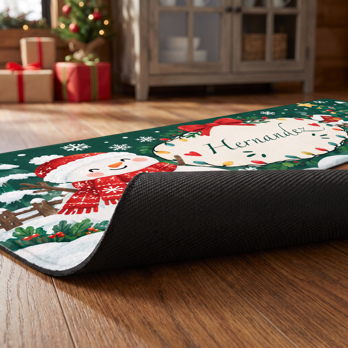 Personalized Snowman Ribbon Wreath Christmas kitchen mat set, view 6