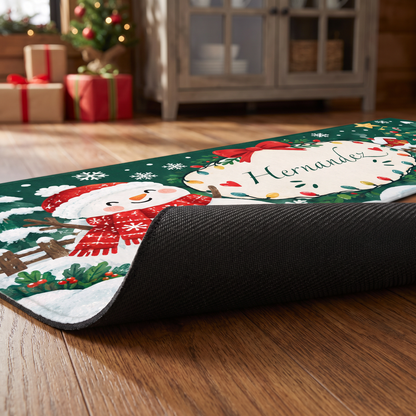 Personalized Snowman Ribbon Wreath Christmas kitchen mat set, view 6