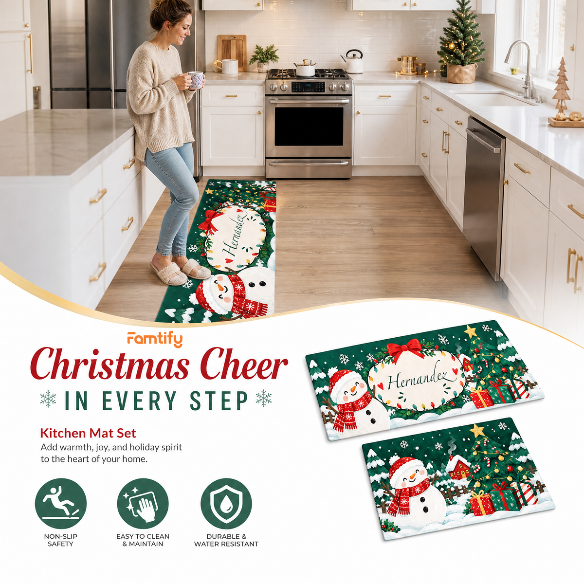 Personalized Snowman Ribbon Wreath Christmas kitchen mat set, view 7