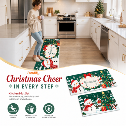 Personalized Snowman Ribbon Wreath Christmas kitchen mat set, view 7