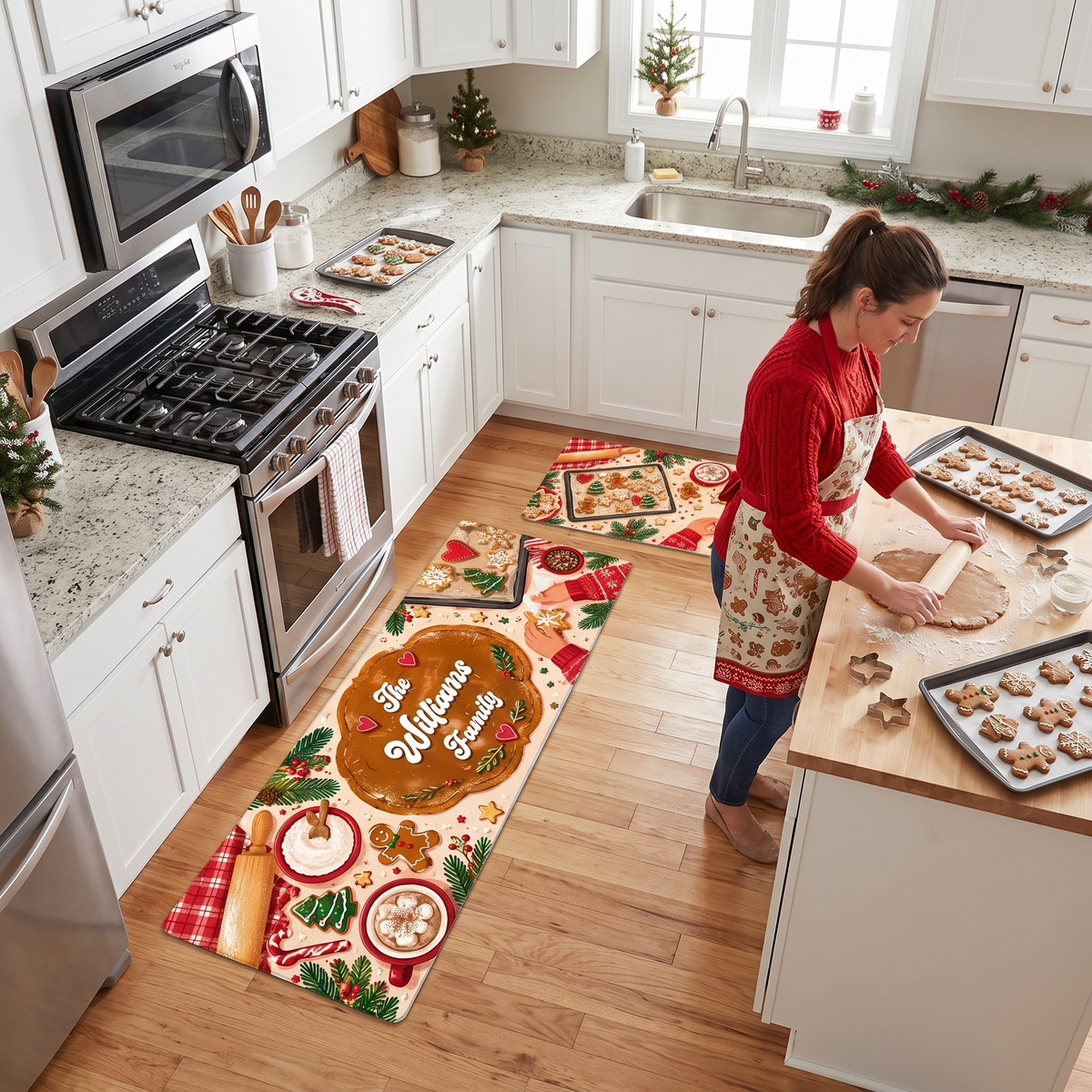 Personalized Gingerbread Cookie Baking Day Christmas kitchen mat set in a cozy holiday kitchen