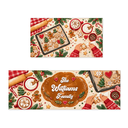 Personalized Gingerbread Cookie Baking Day Christmas kitchen mat set with custom family name