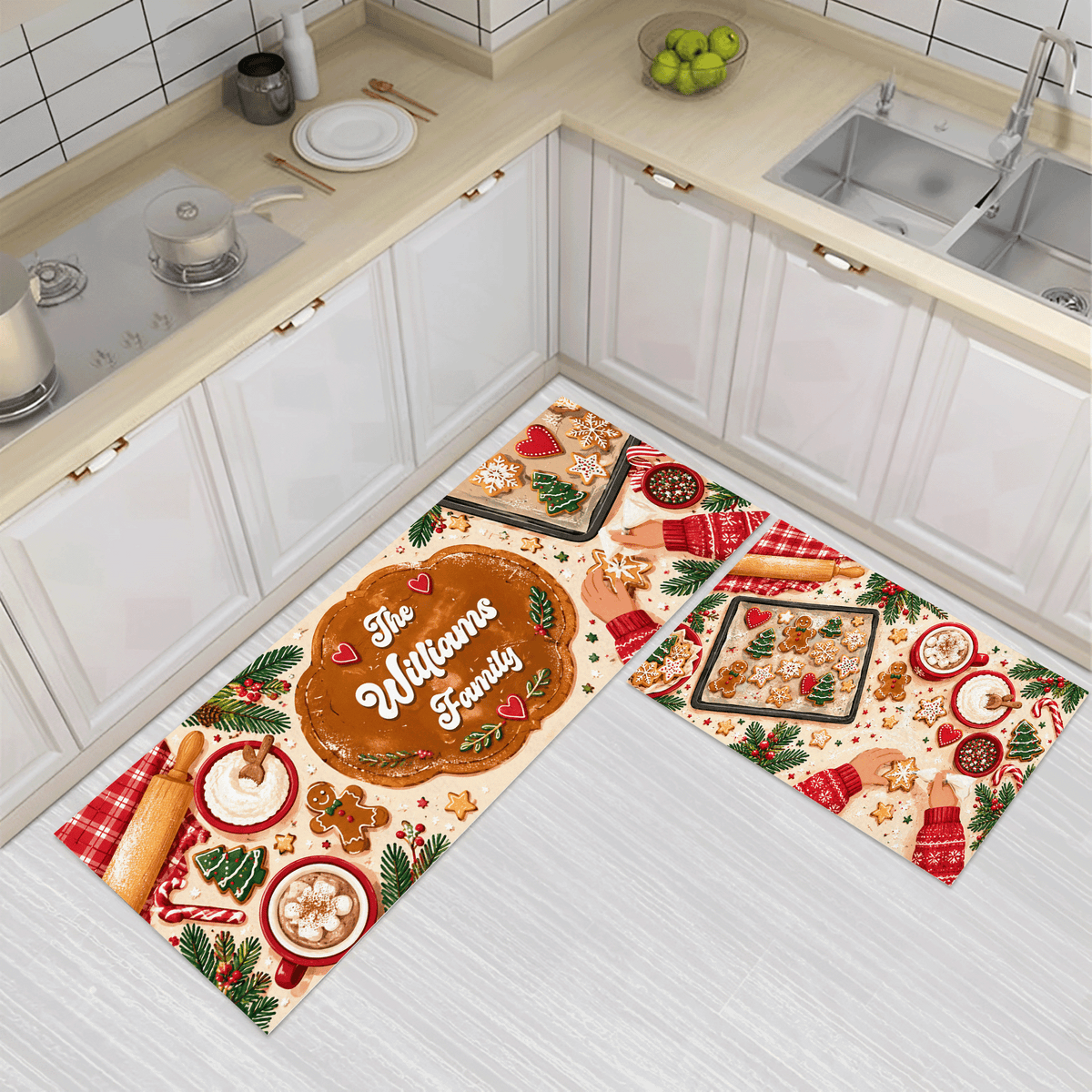 Personalized Gingerbread Cookie Baking Day Christmas kitchen mat set, view 3