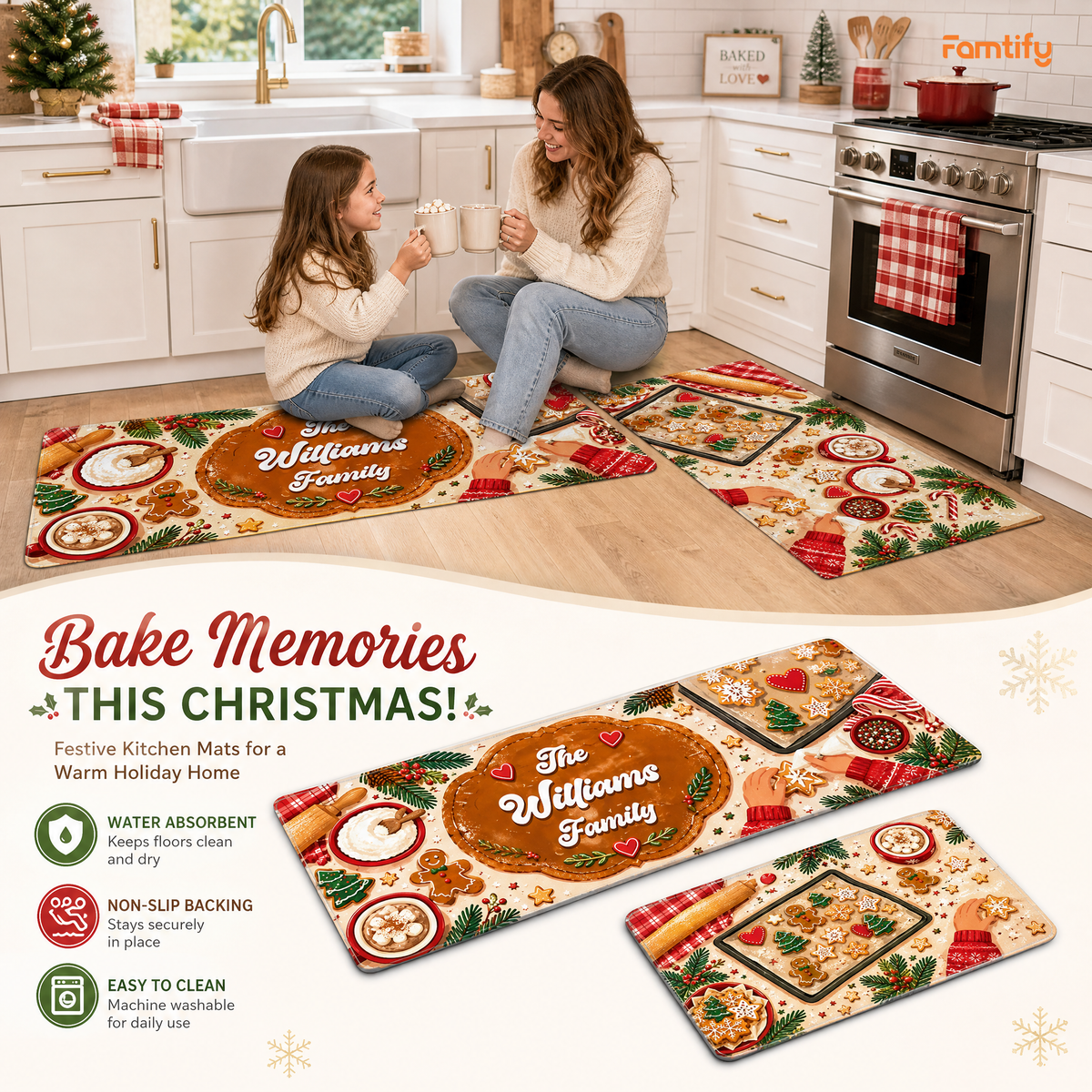 Personalized Gingerbread Cookie Baking Day Christmas kitchen mat set, view 4