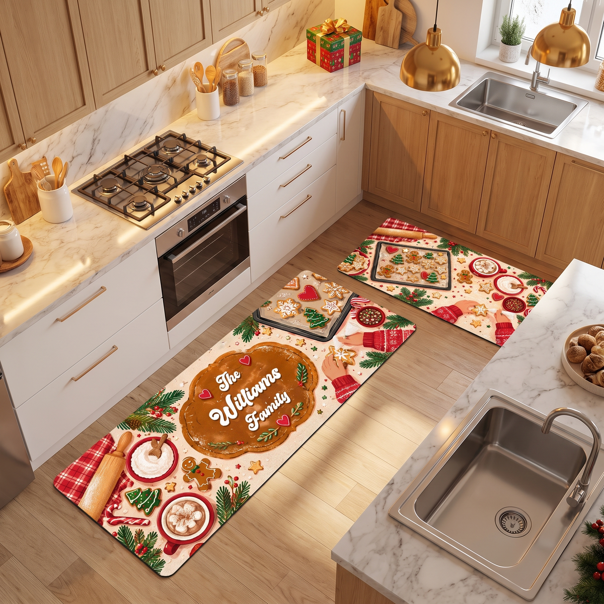 Personalized Gingerbread Cookie Baking Day Christmas kitchen mat set, view 8