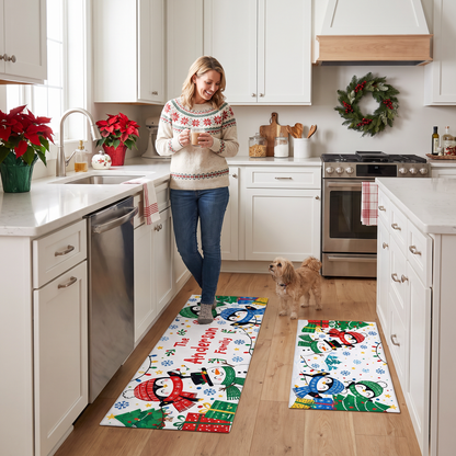 Personalized Penguins Snowman String Lights Christmas kitchen mat set in a cozy holiday kitchen