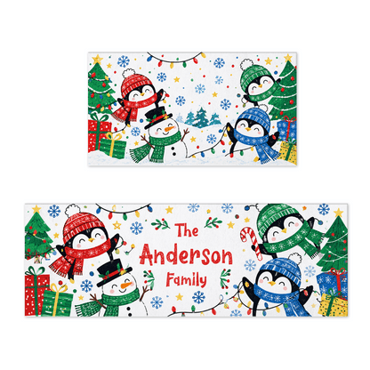 Personalized Penguins Snowman String Lights Christmas kitchen mat set with custom family name