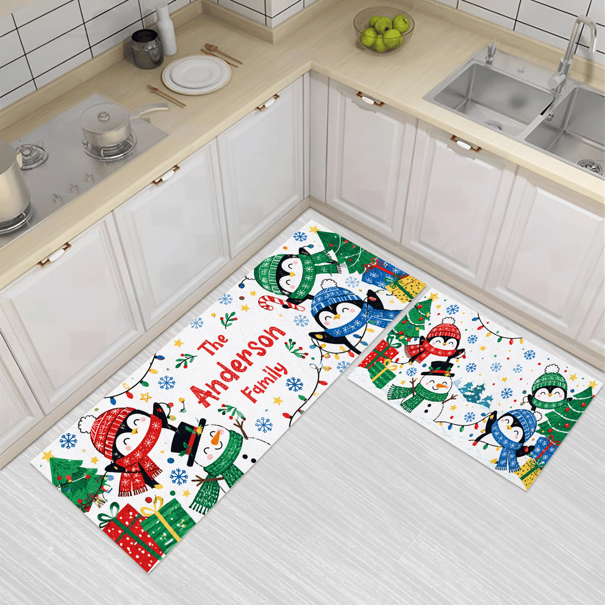 Personalized Penguins Snowman String Lights Christmas kitchen mat set, view 3