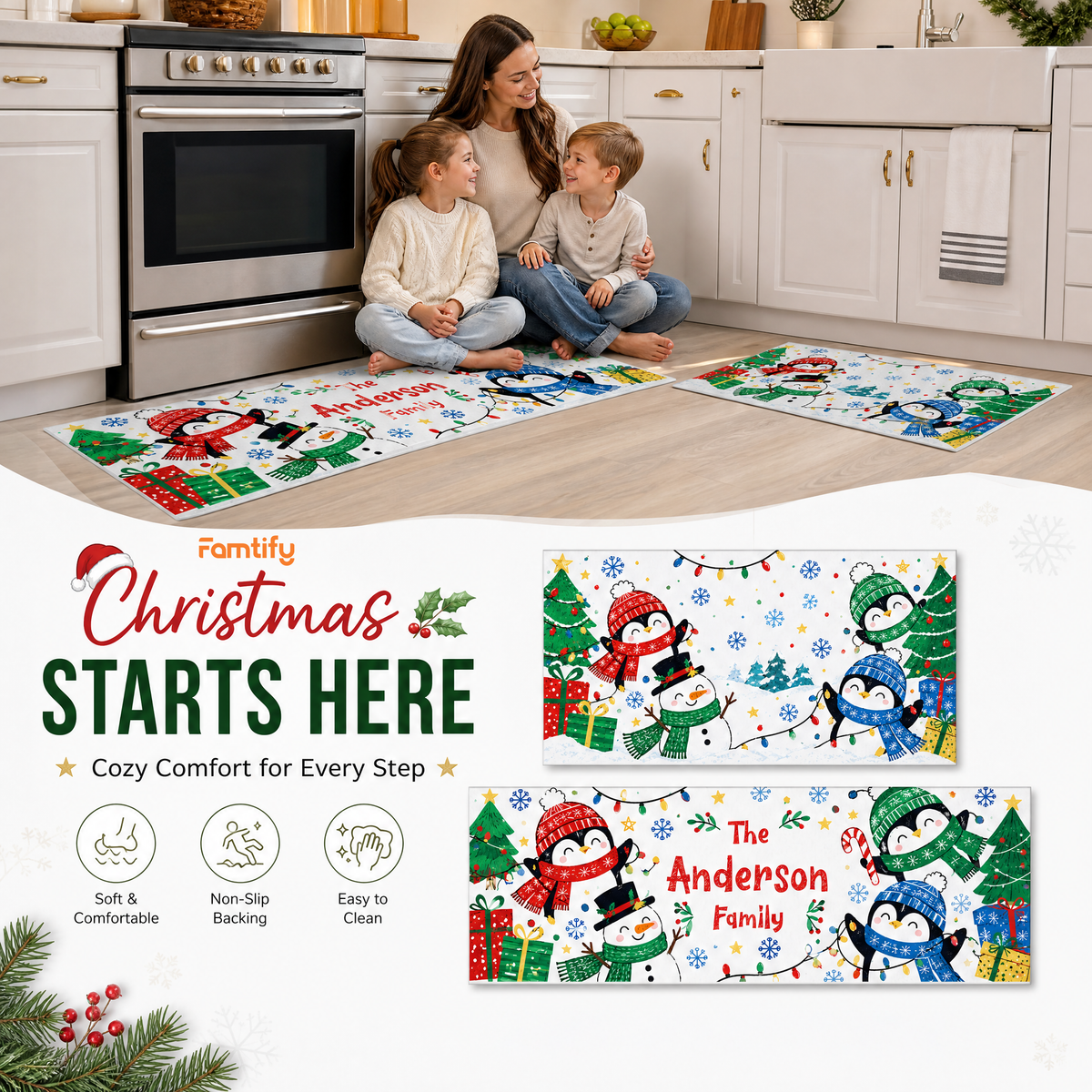 Personalized Penguins Snowman String Lights Christmas kitchen mat set, view 4