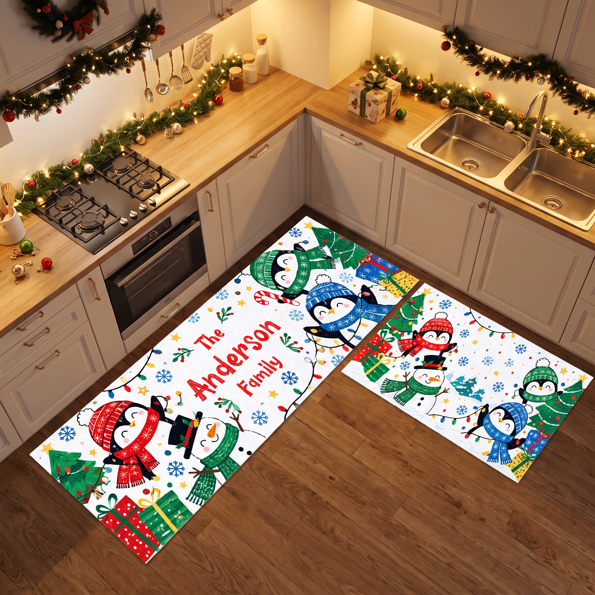 Personalized Penguins Snowman String Lights Christmas kitchen mat set, view 5