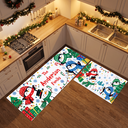 Personalized Penguins Snowman String Lights Christmas kitchen mat set, view 5