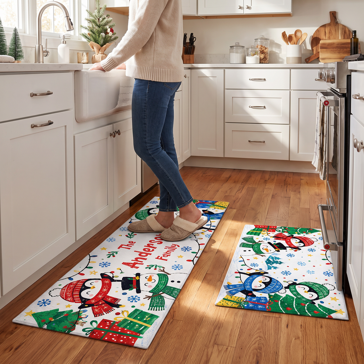 Personalized Penguins Snowman String Lights Christmas kitchen mat set, view 6