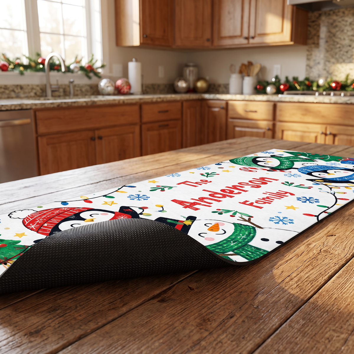 Personalized Penguins Snowman String Lights Christmas kitchen mat set, view 7