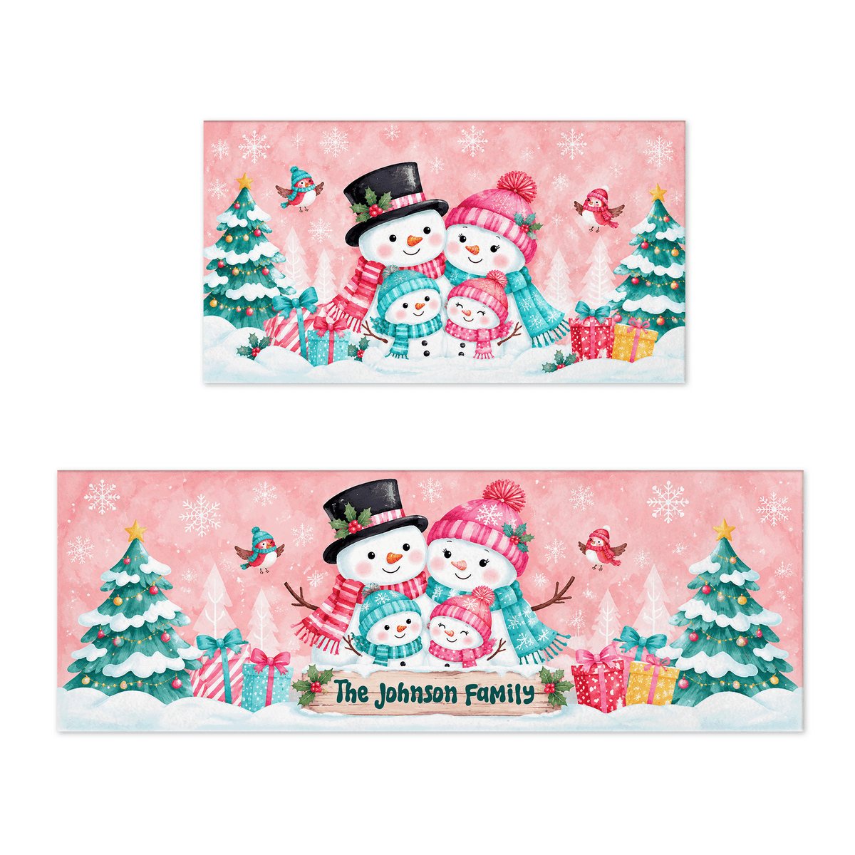 Personalized Snowman Family Hug Christmas kitchen mat set with custom family name