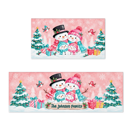 Personalized Snowman Family Hug Christmas kitchen mat set with custom family name