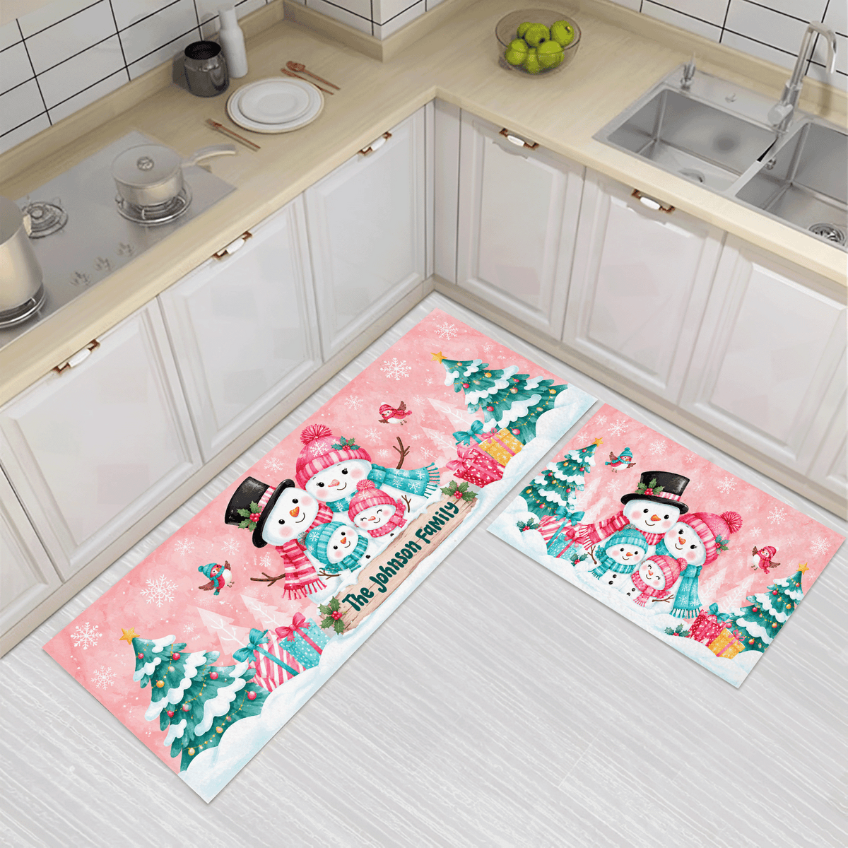 Personalized Snowman Family Hug Christmas kitchen mat set, view 3