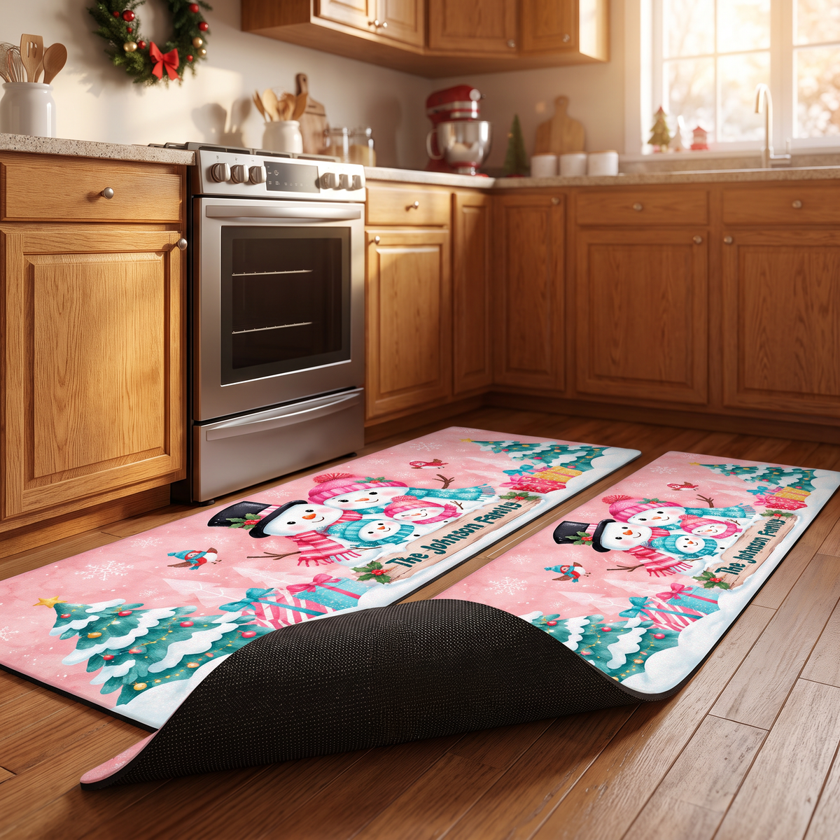 Personalized Snowman Family Hug Christmas kitchen mat set, view 7