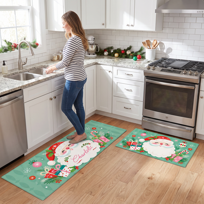 Personalized Retro Santa Face Ornaments Christmas kitchen mat set in a cozy holiday kitchen