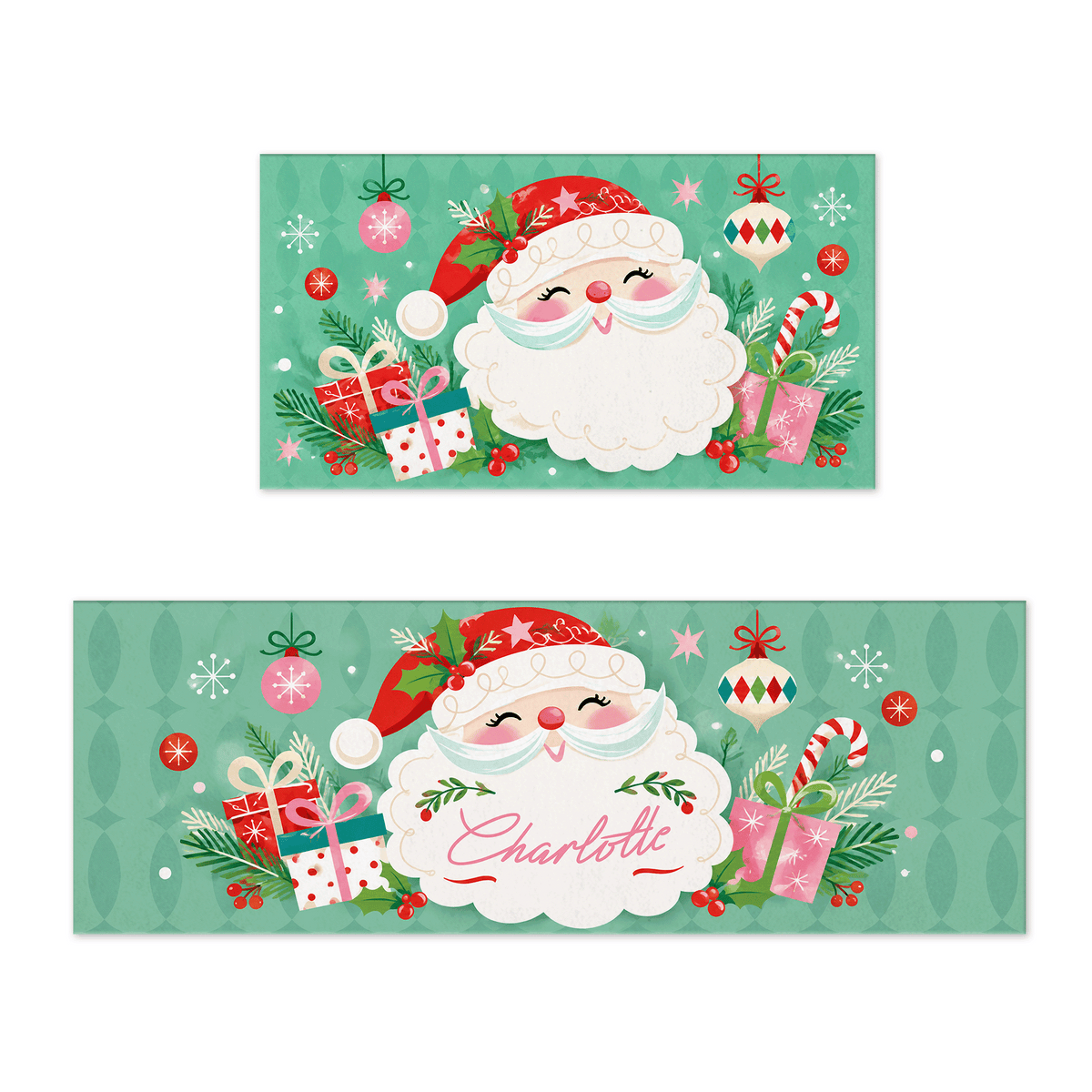 Personalized Retro Santa Face Ornaments Christmas kitchen mat set with custom name