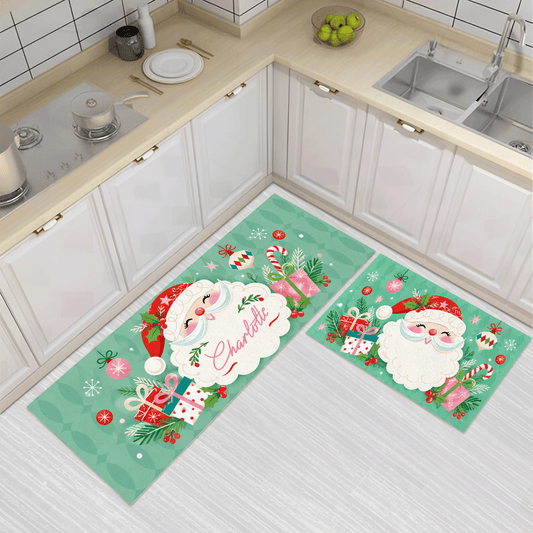 Personalized Retro Santa Face Ornaments Christmas kitchen mat set, view 3