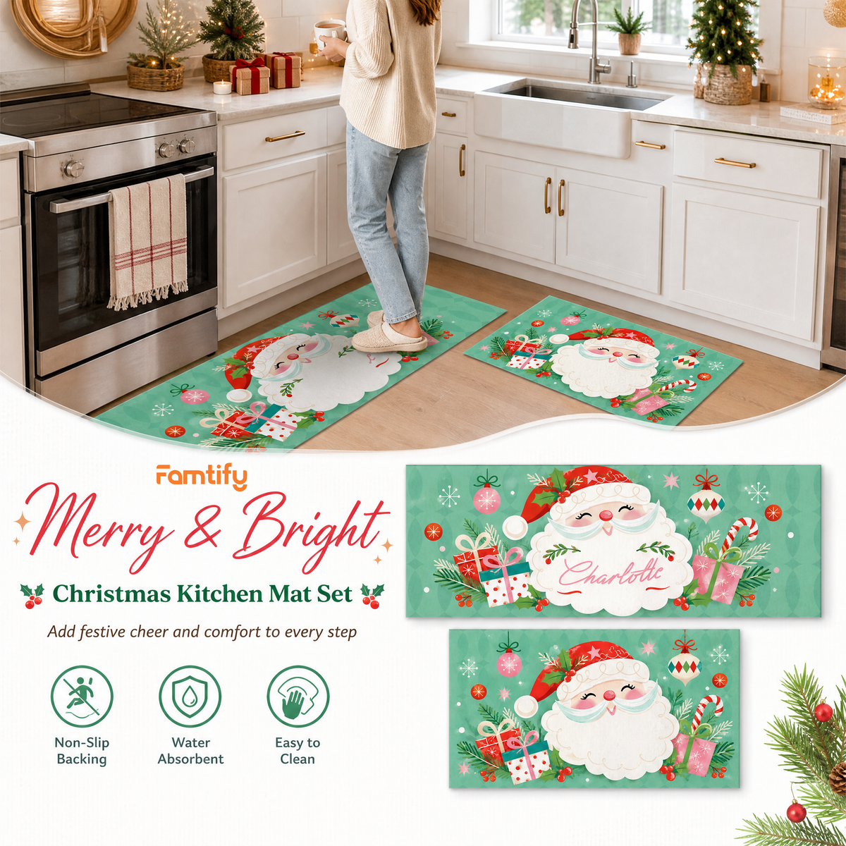 Personalized Retro Santa Face Ornaments Christmas kitchen mat set, view 4