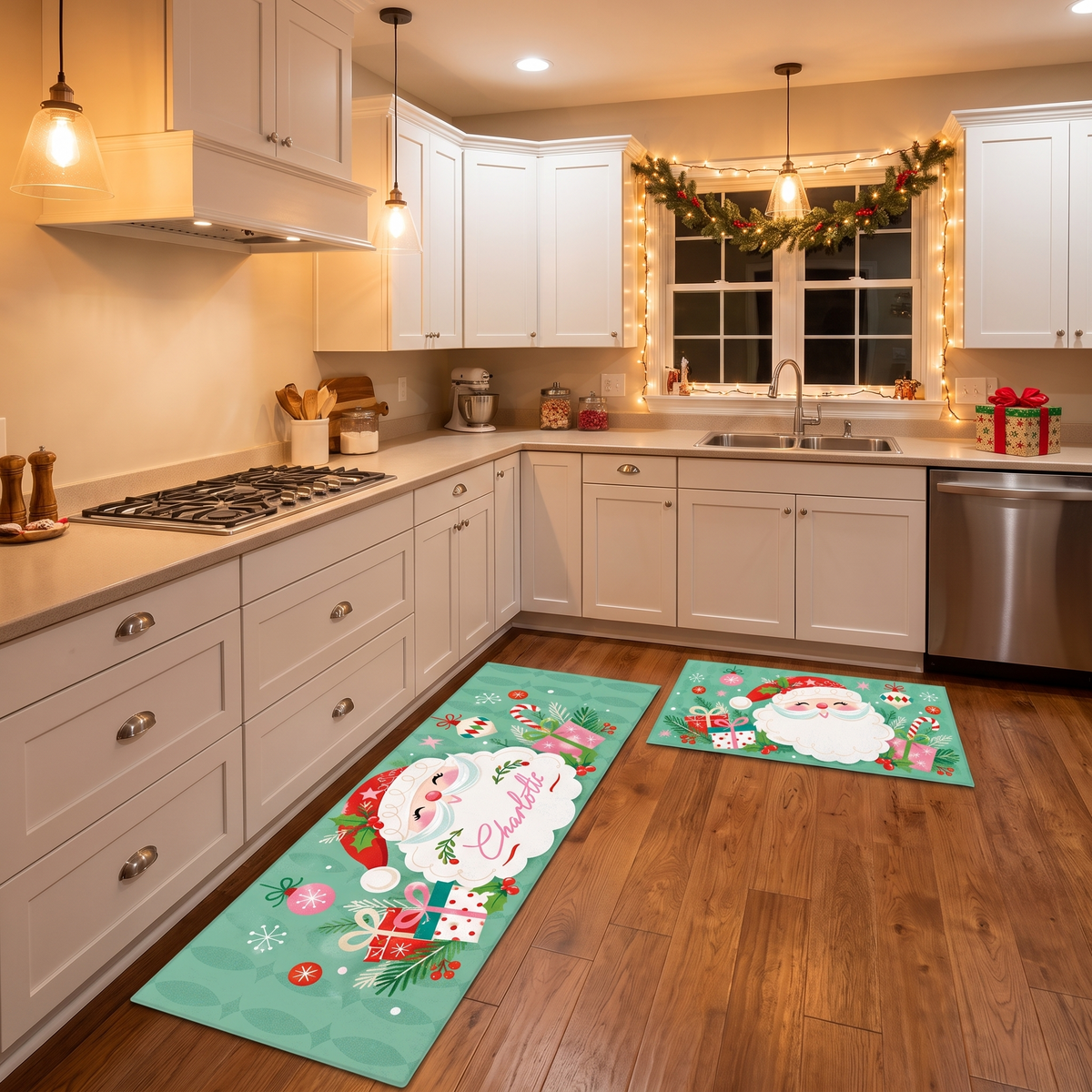 Personalized Retro Santa Face Ornaments Christmas kitchen mat set, view 5
