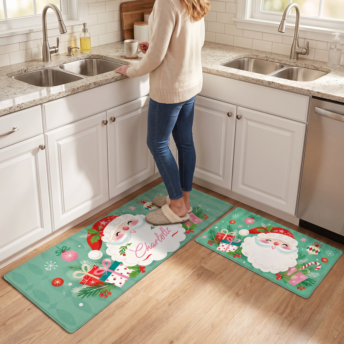 Personalized Retro Santa Face Ornaments Christmas kitchen mat set, view 6