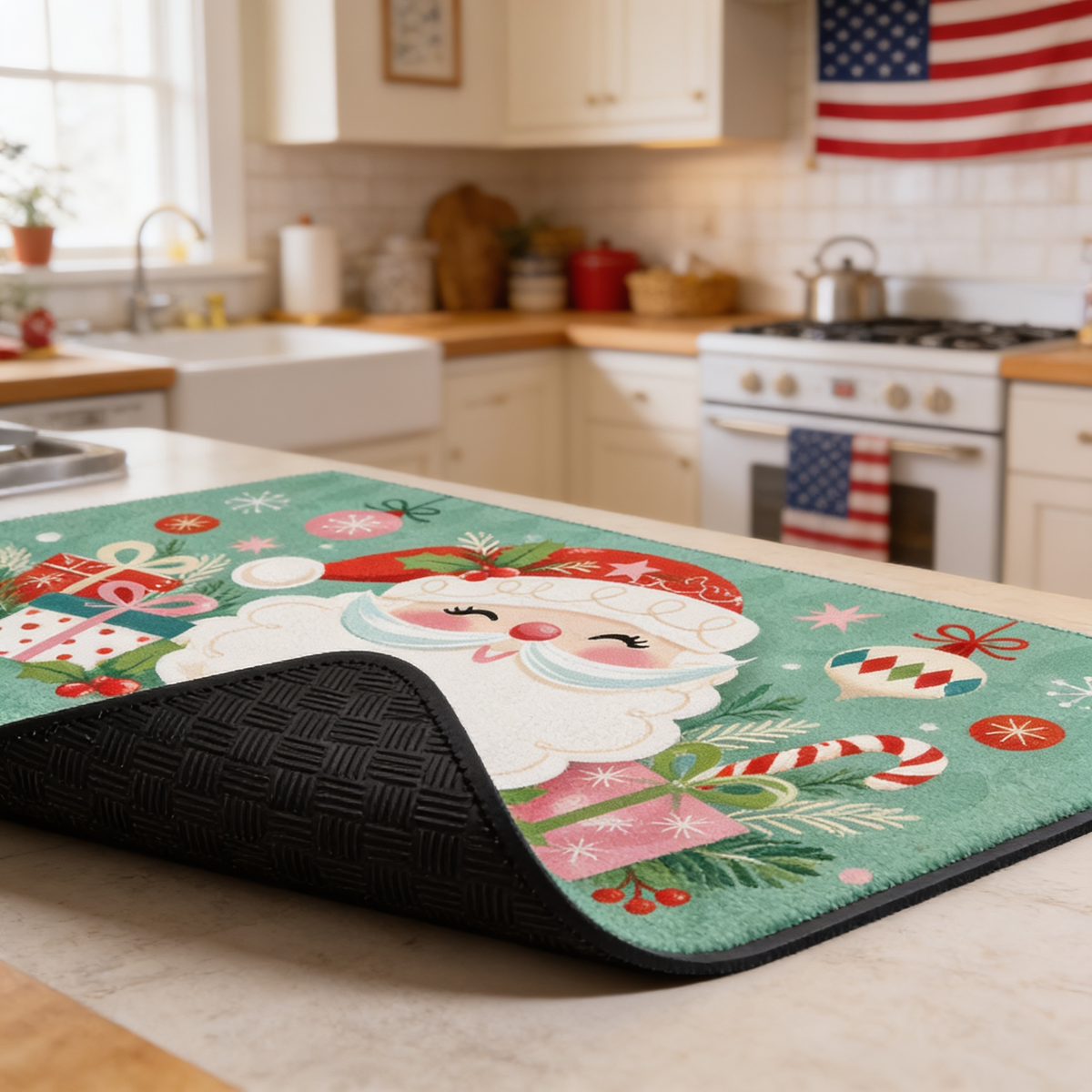 Personalized Retro Santa Face Ornaments Christmas kitchen mat set, view 7