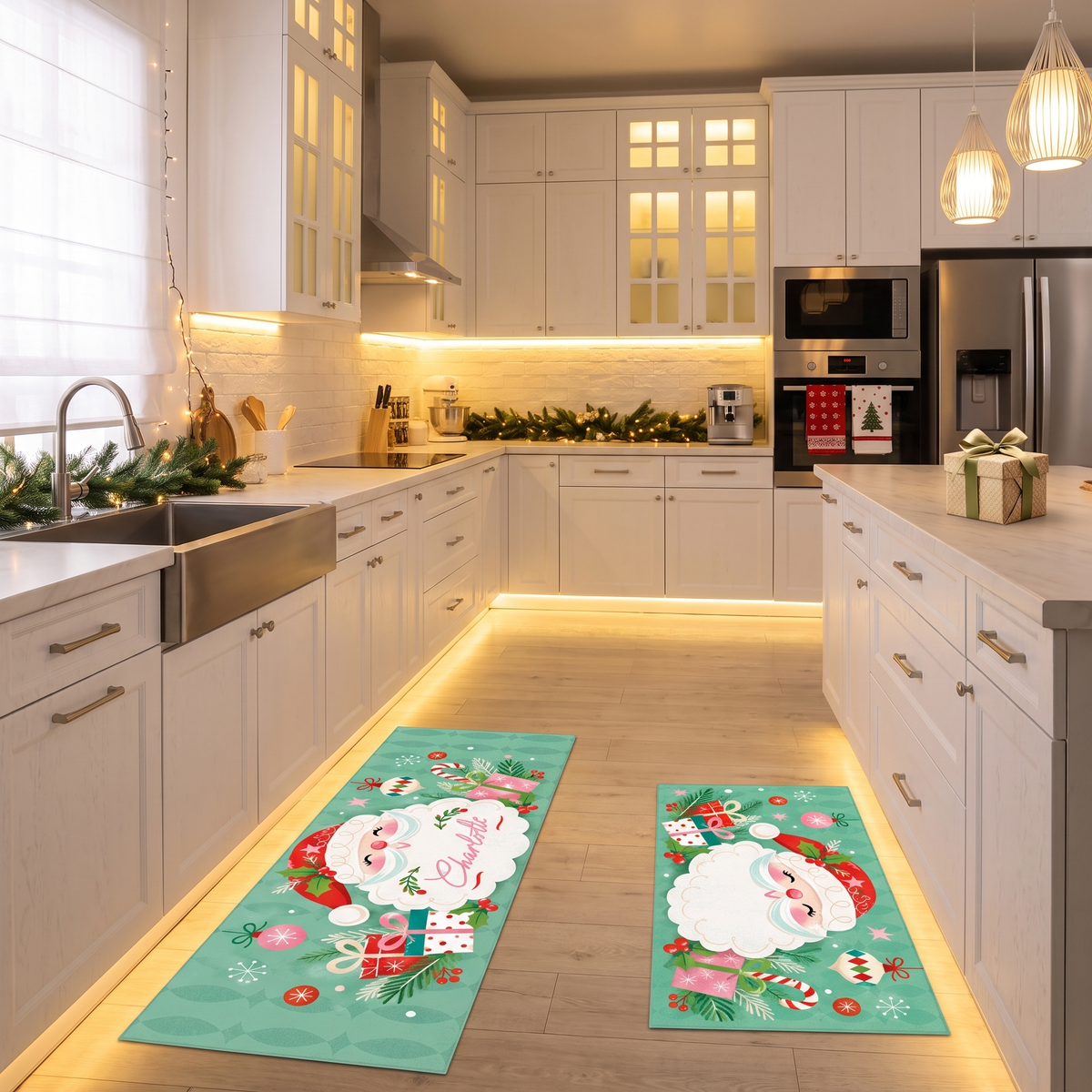 Personalized Retro Santa Face Ornaments Christmas kitchen mat set, view 8
