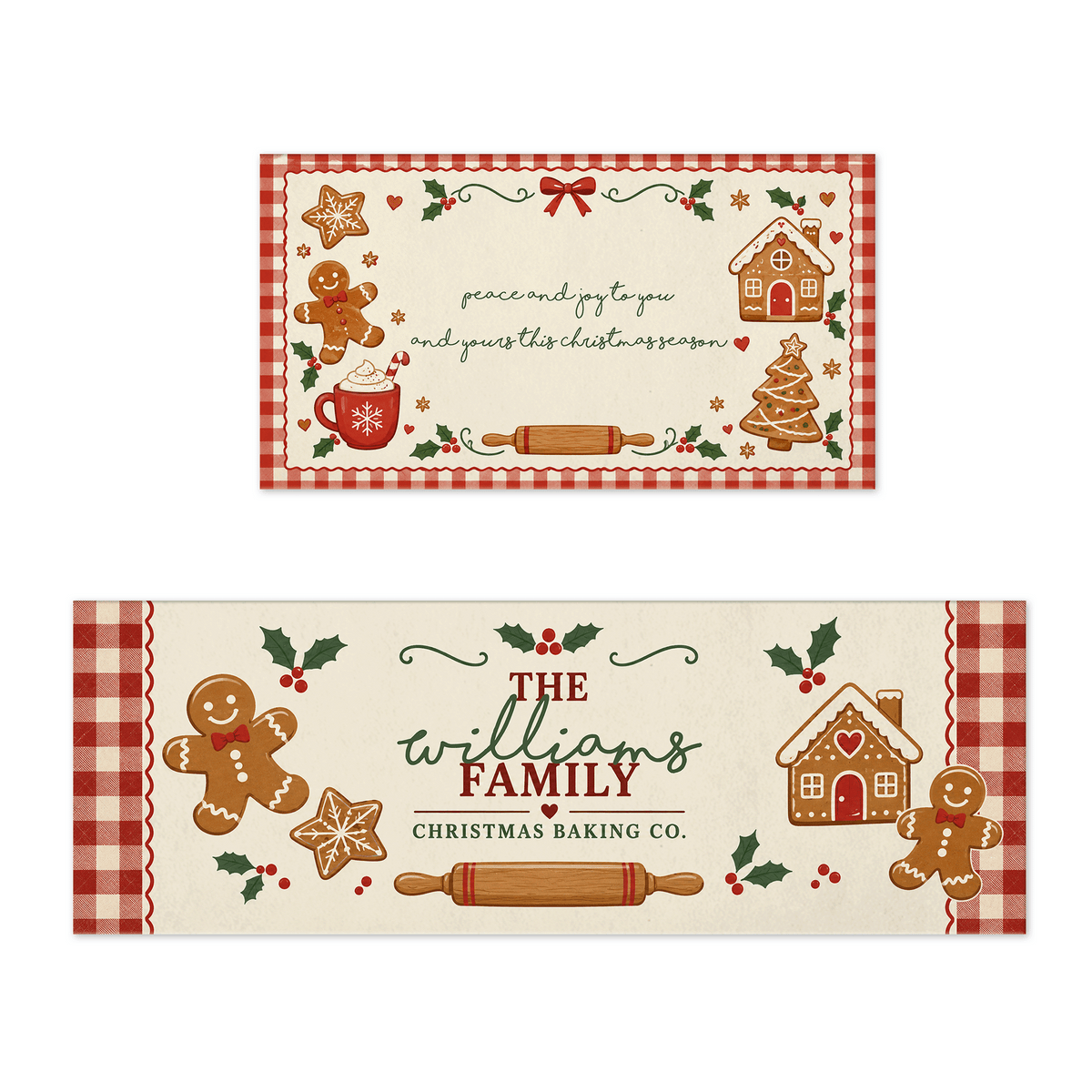 Personalized Gingerbread Christmas Baking Co kitchen mat set with custom family name