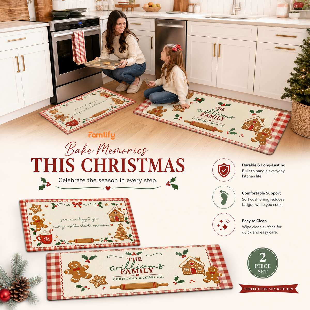 Personalized Gingerbread Christmas Baking Co kitchen mat set, view 6