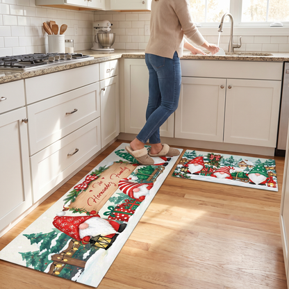 Personalized Christmas Gnomes Sleigh kitchen mat set in a cozy holiday kitchen