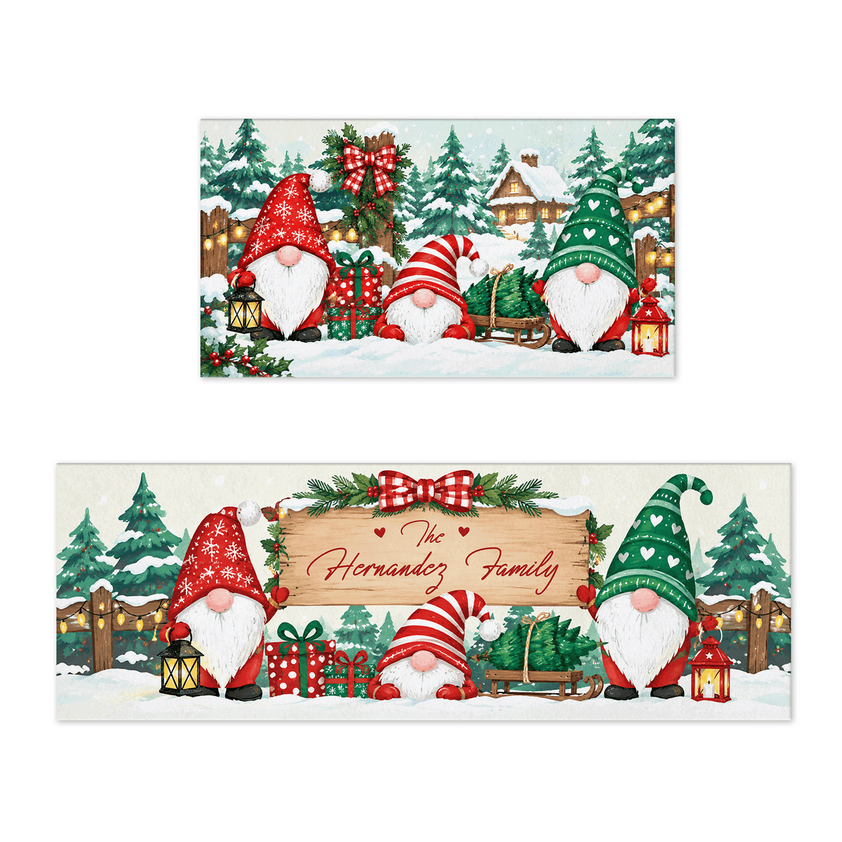 Personalized Christmas Gnomes Sleigh kitchen mat set with custom family name