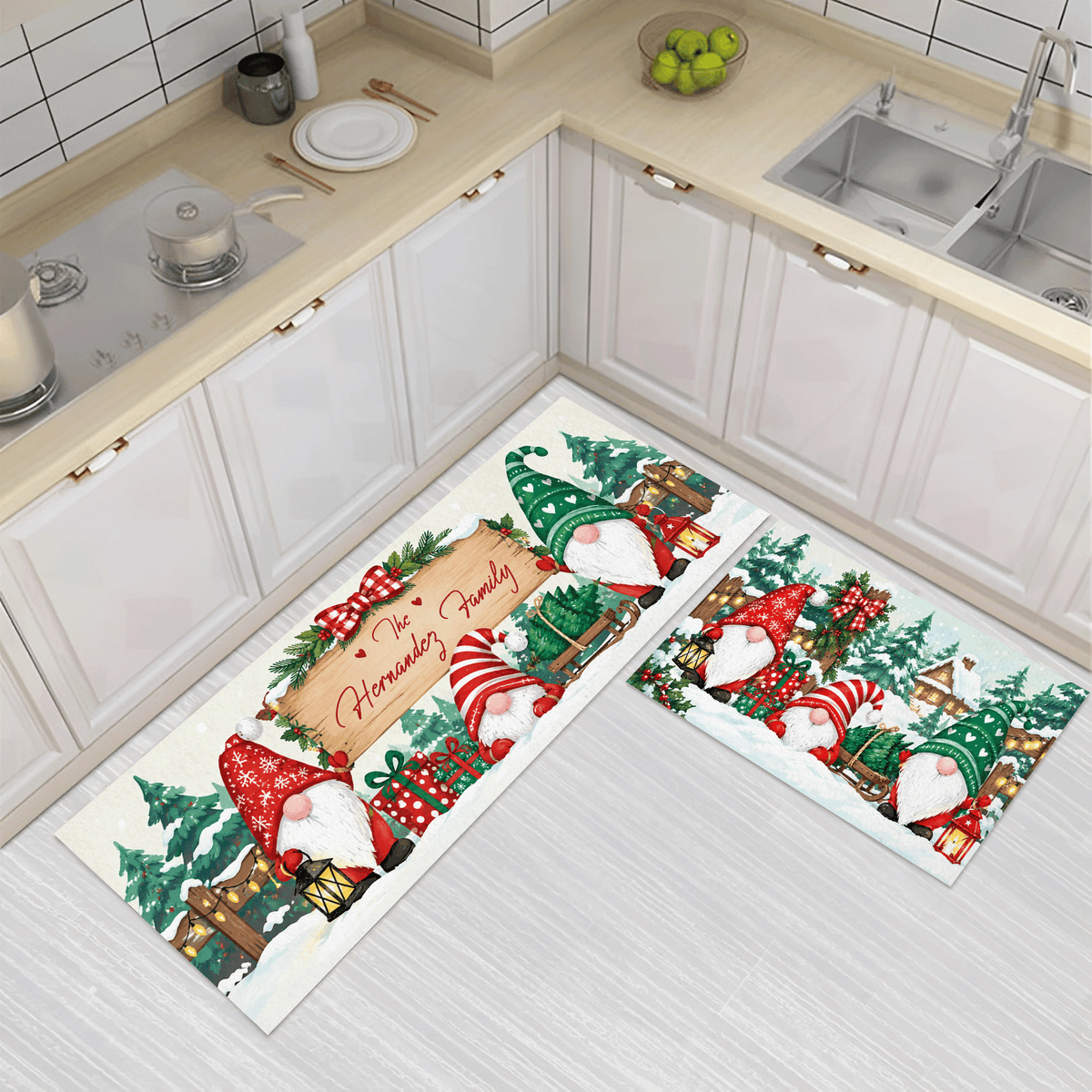 Personalized Christmas Gnomes Sleigh kitchen mat set, view 3