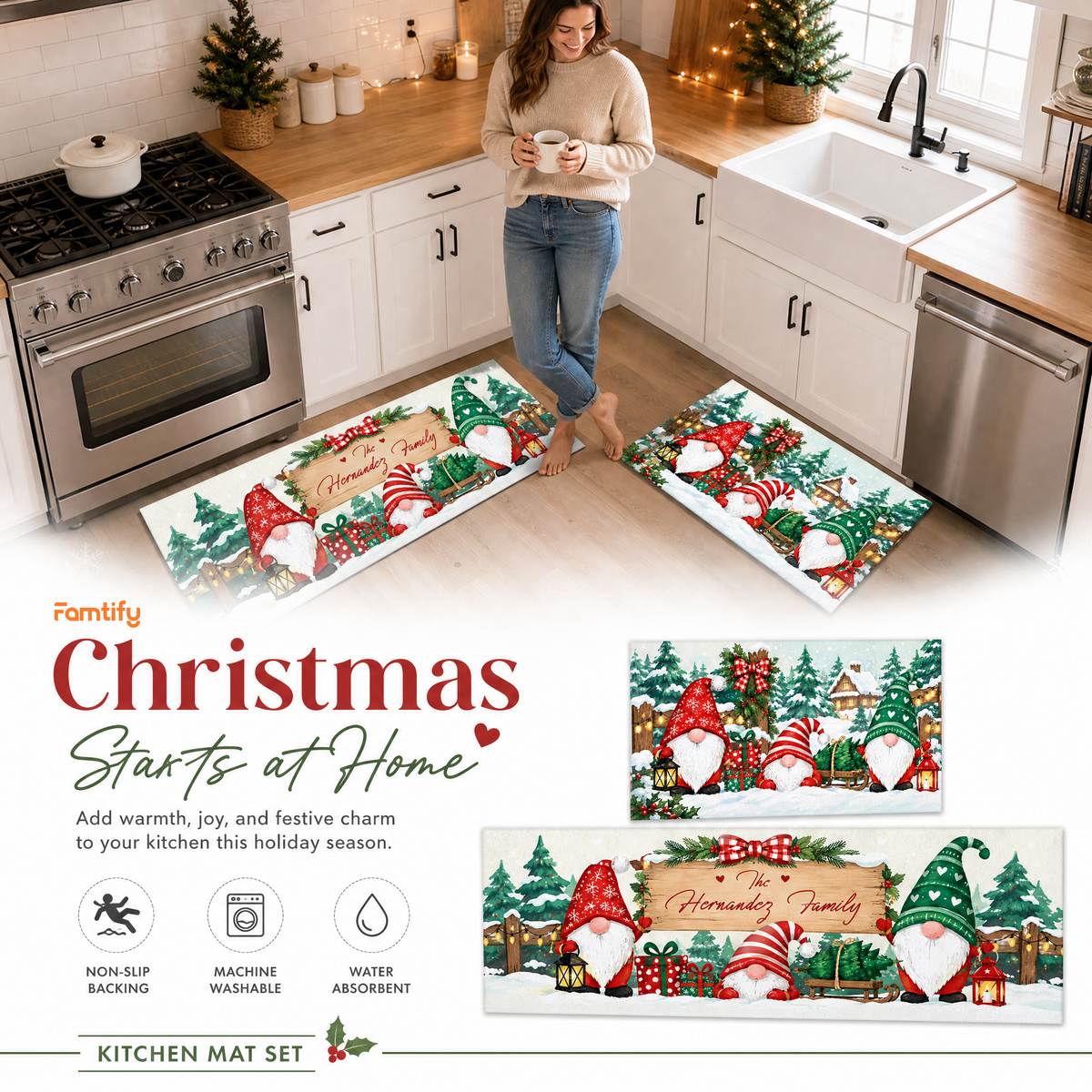 Personalized Christmas Gnomes Sleigh kitchen mat set, view 7