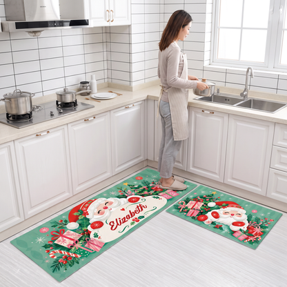 Personalized Jolly Santa Gift Pile Christmas kitchen mat set in a cozy holiday kitchen