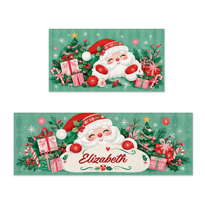 Personalized Jolly Santa Gift Pile Christmas kitchen mat set with custom name