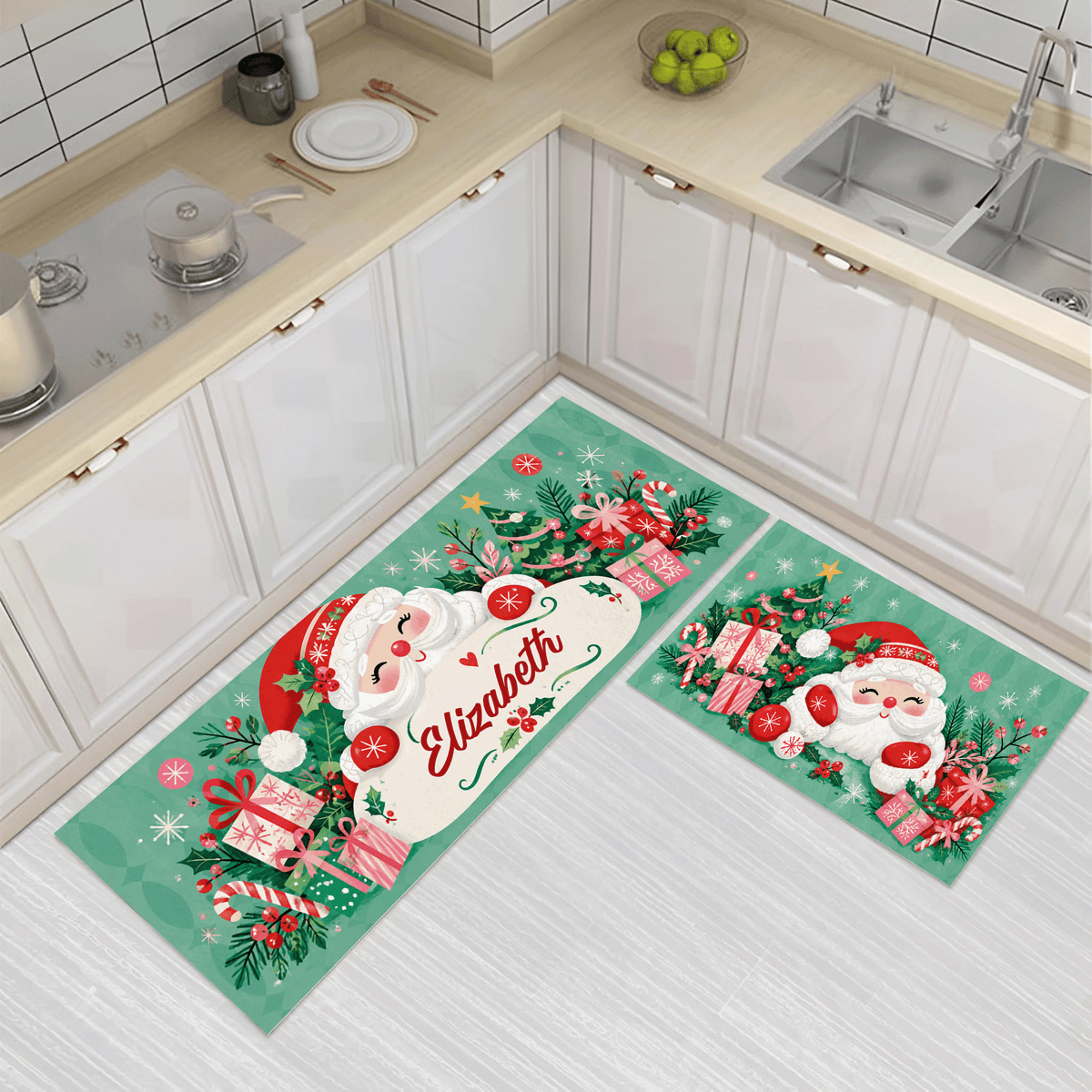 Personalized Jolly Santa Gift Pile Christmas kitchen mat set, view 3