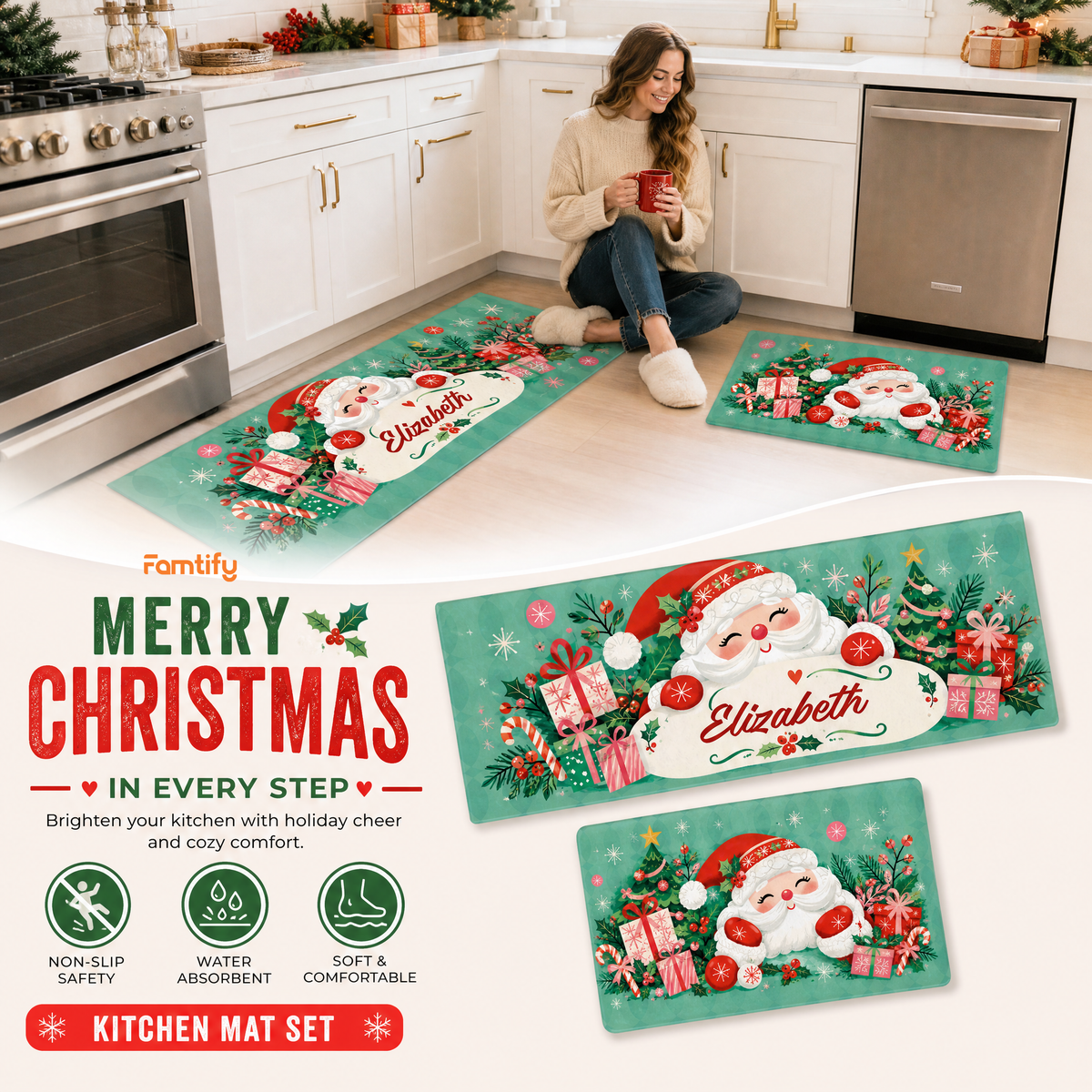 Personalized Jolly Santa Gift Pile Christmas kitchen mat set, view 4