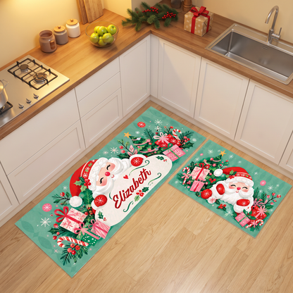 Personalized Jolly Santa Gift Pile Christmas kitchen mat set, view 5