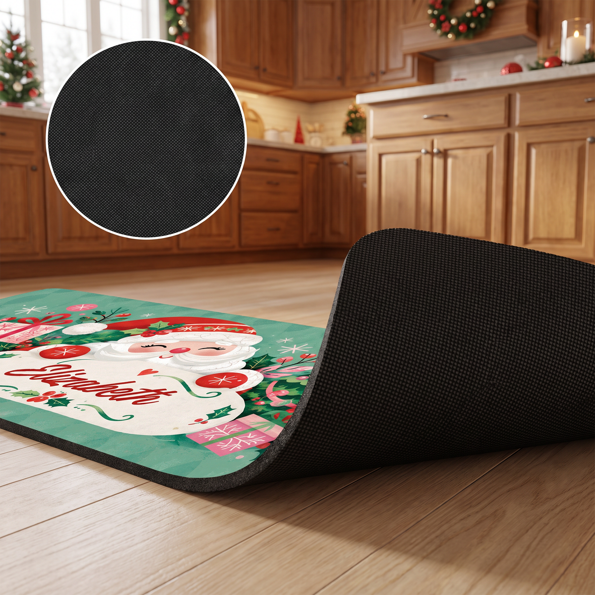 Personalized Jolly Santa Gift Pile Christmas kitchen mat set, view 7