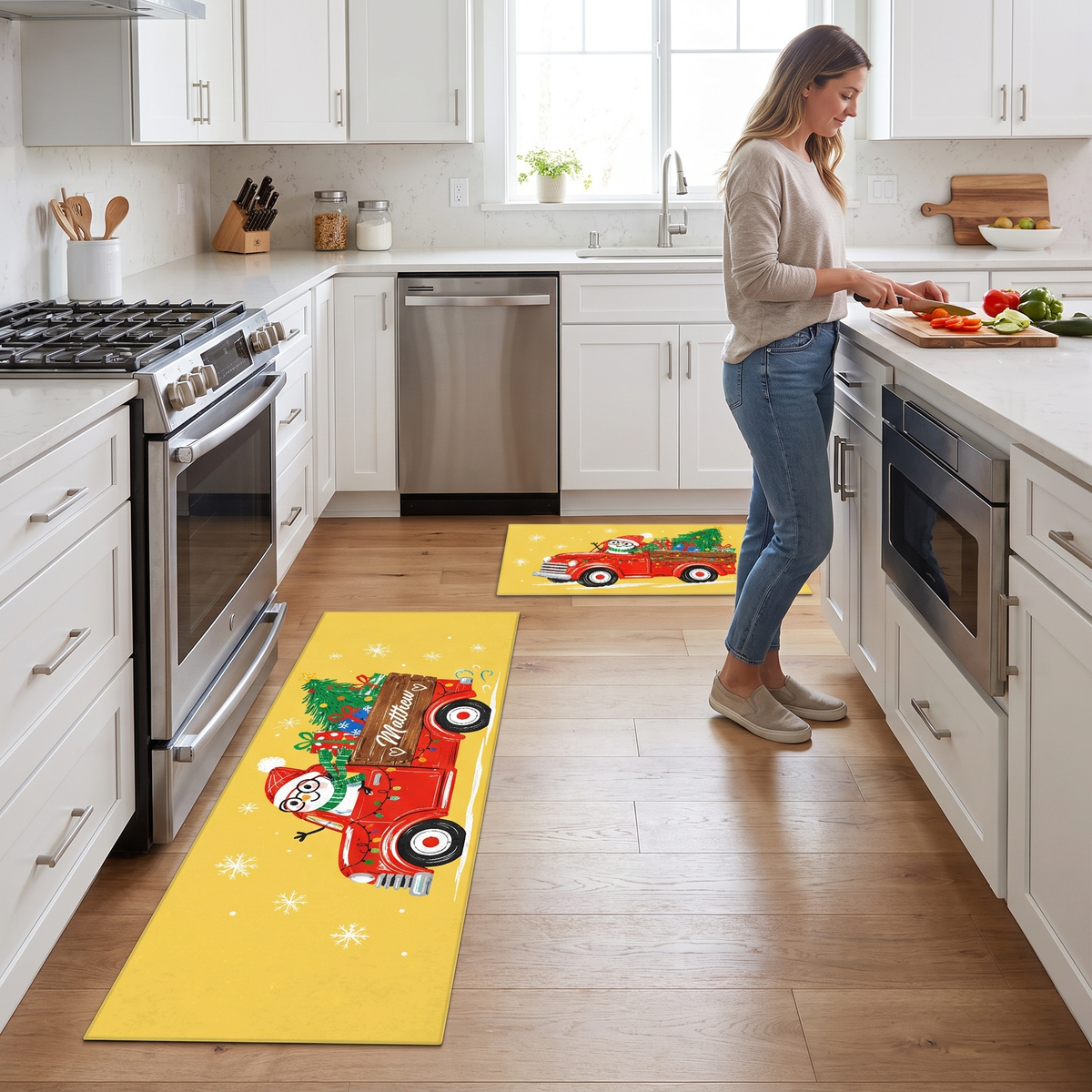 Personalized Snowman Vintage Truck Christmas kitchen mat set in a cozy holiday kitchen