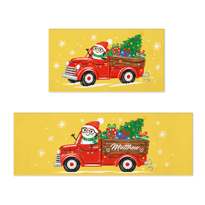 Personalized Snowman Vintage Truck Christmas kitchen mat set with custom name