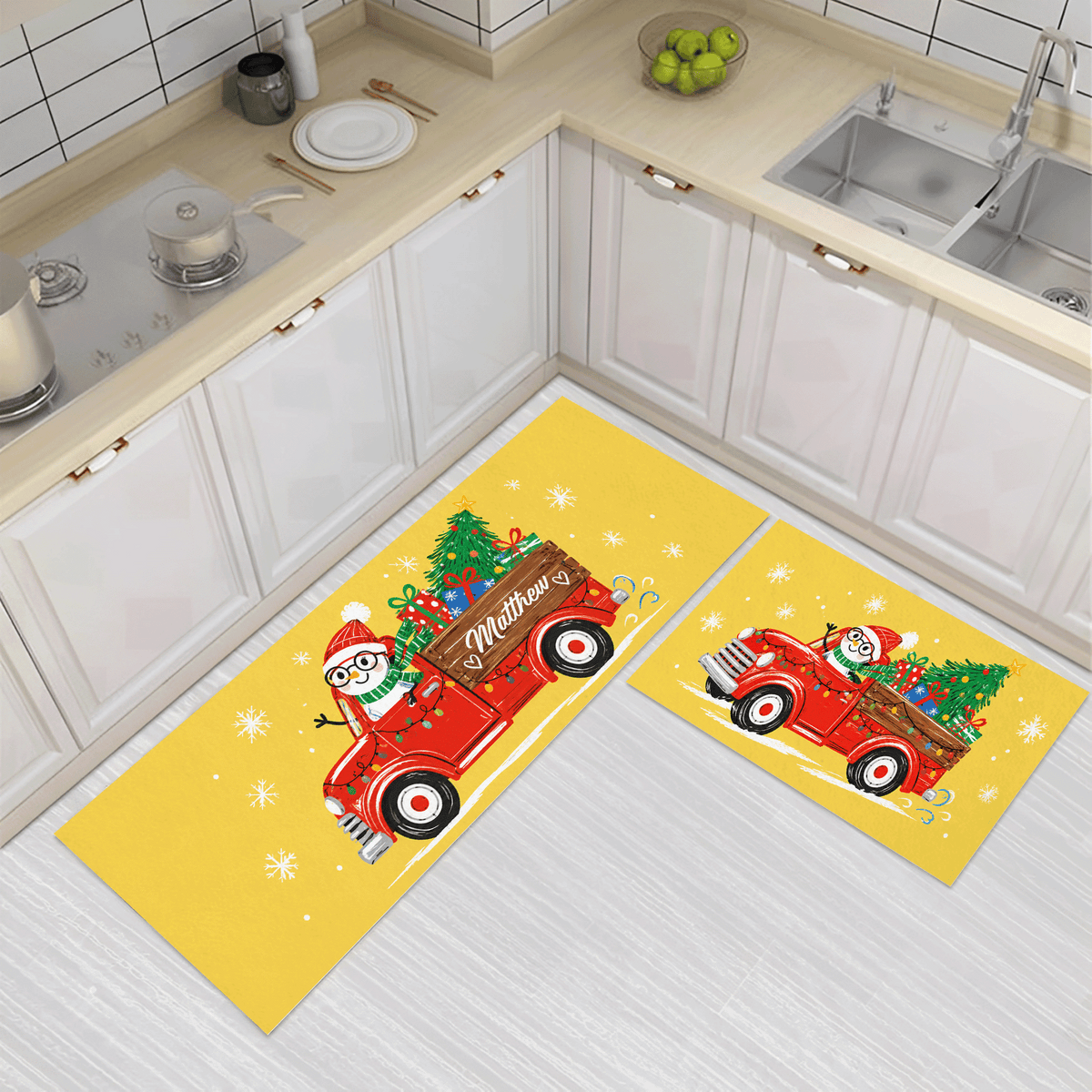 Personalized Snowman Vintage Truck Christmas kitchen mat set, view 3